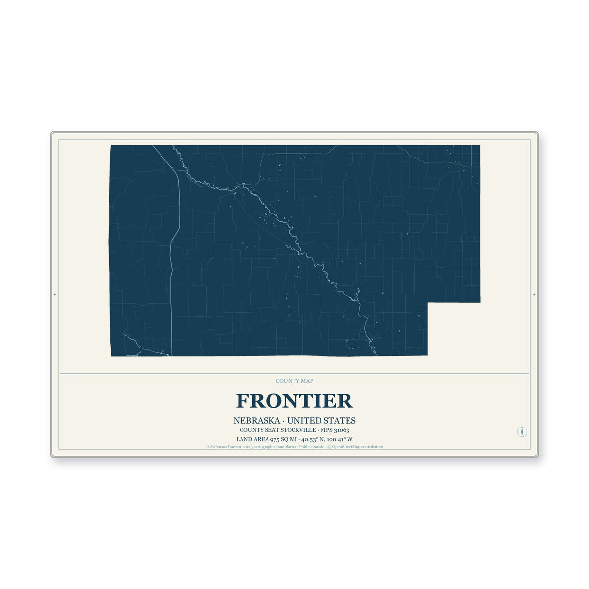 Frontier County, Nebraska Map Aluminum Sign in Coastal Cutout style