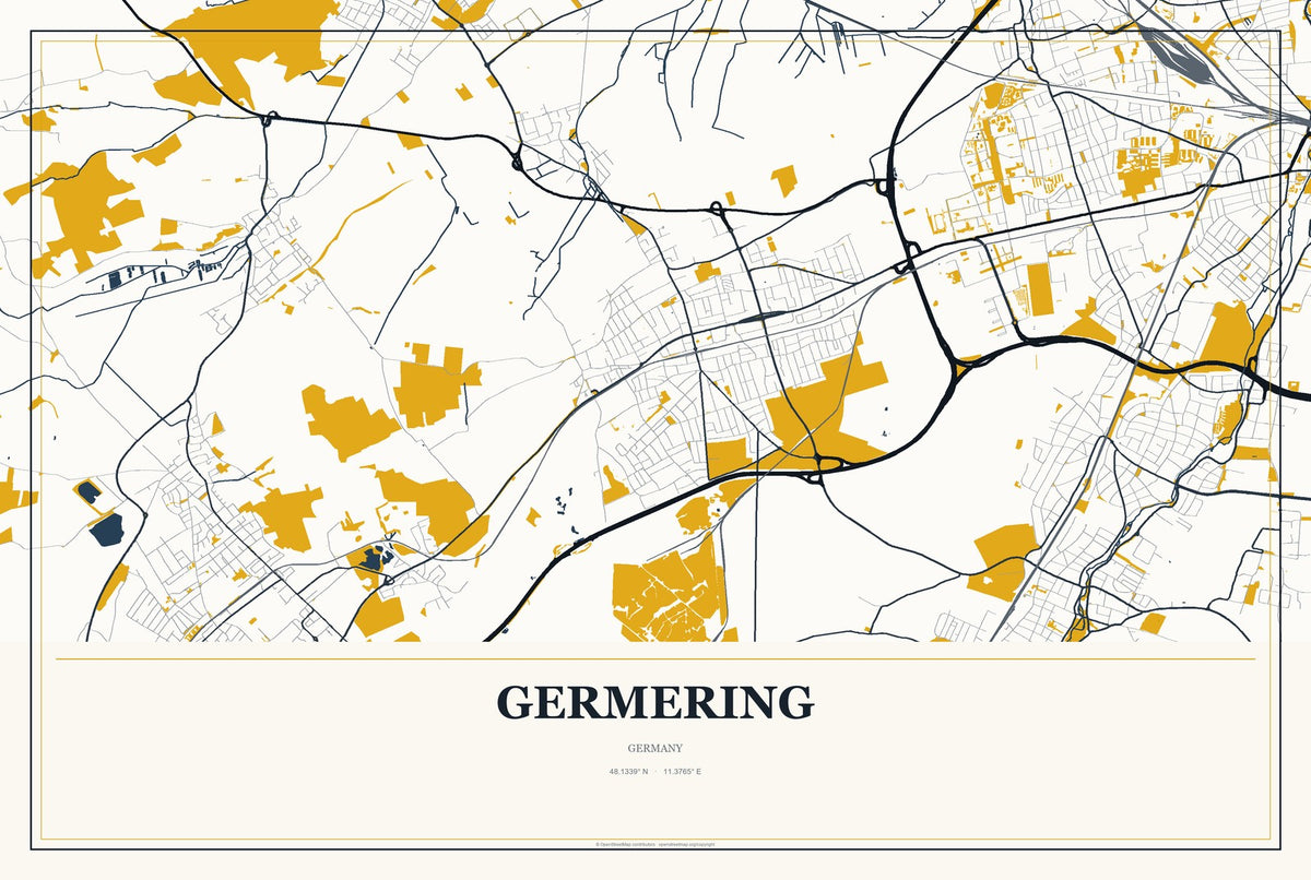 Germering, Germany City Map Aluminum Sign in Citrine Modern style