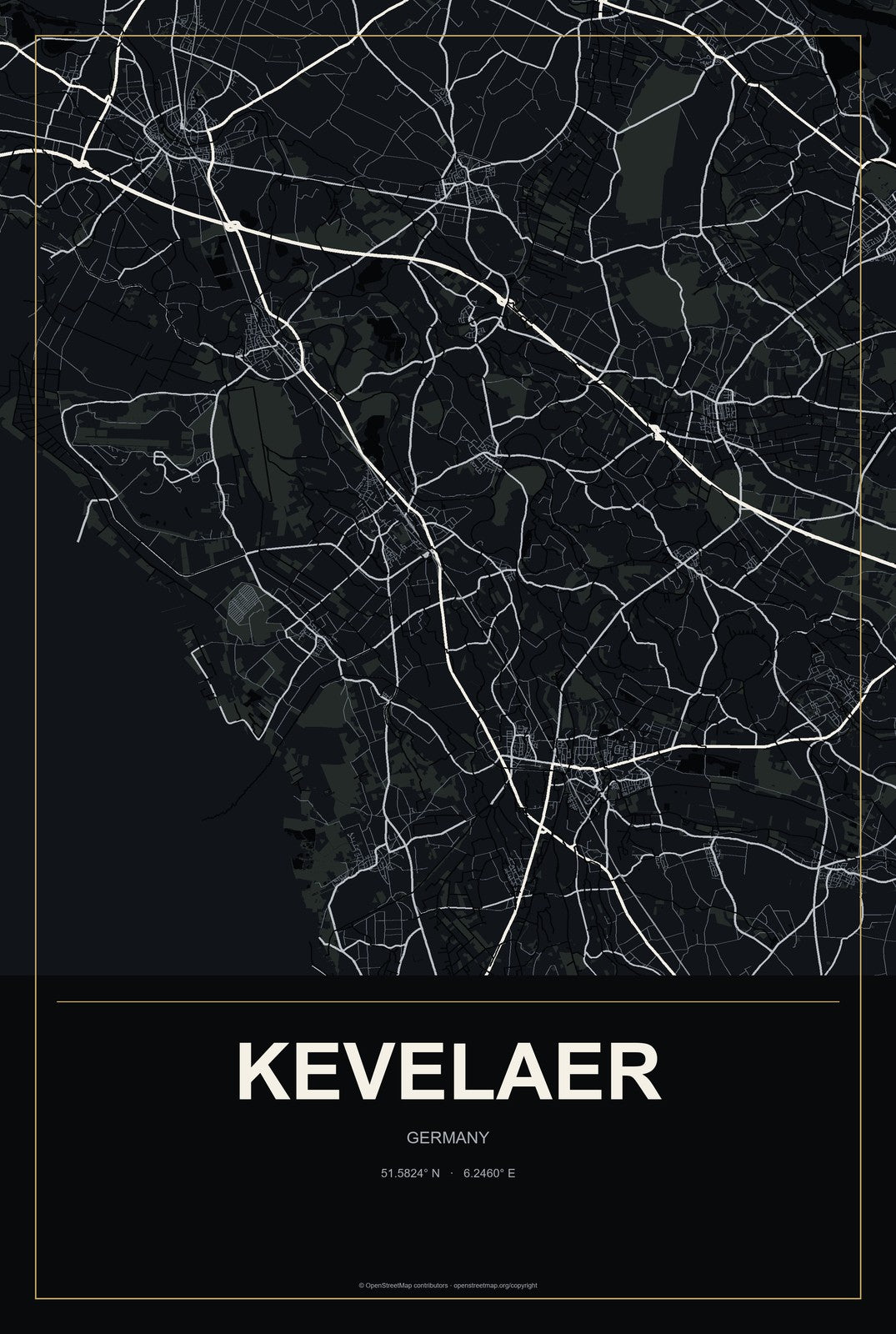 Kevelaer, Germany City Map Aluminum Sign in Metropolitan Noir style
