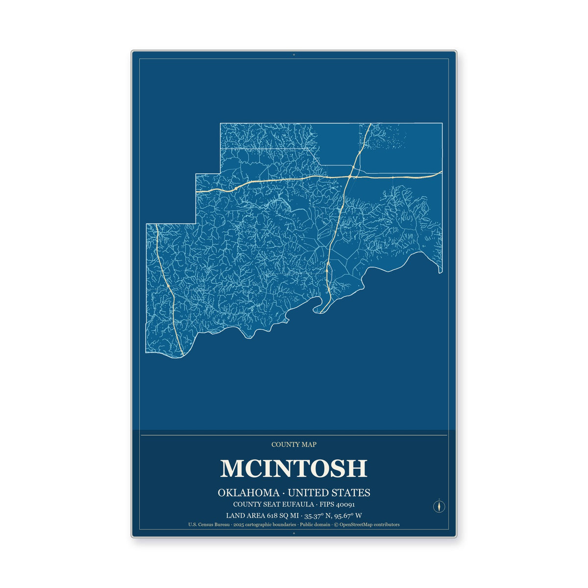 McIntosh County, Oklahoma Map Aluminum Sign in Harbor Cobalt style