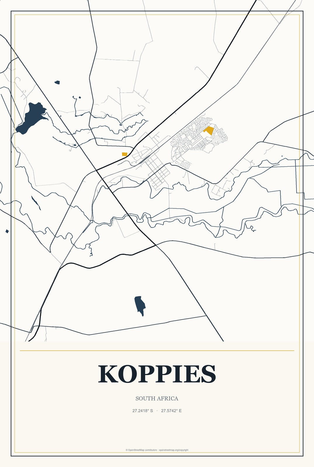 Koppies, South Africa City Map Aluminum Sign in Citrine Modern style