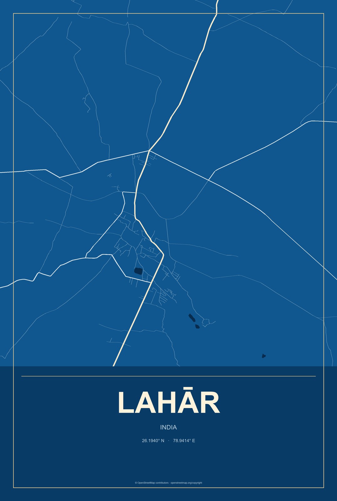 Lahār, India City Map Aluminum Sign in Harbor Cobalt style