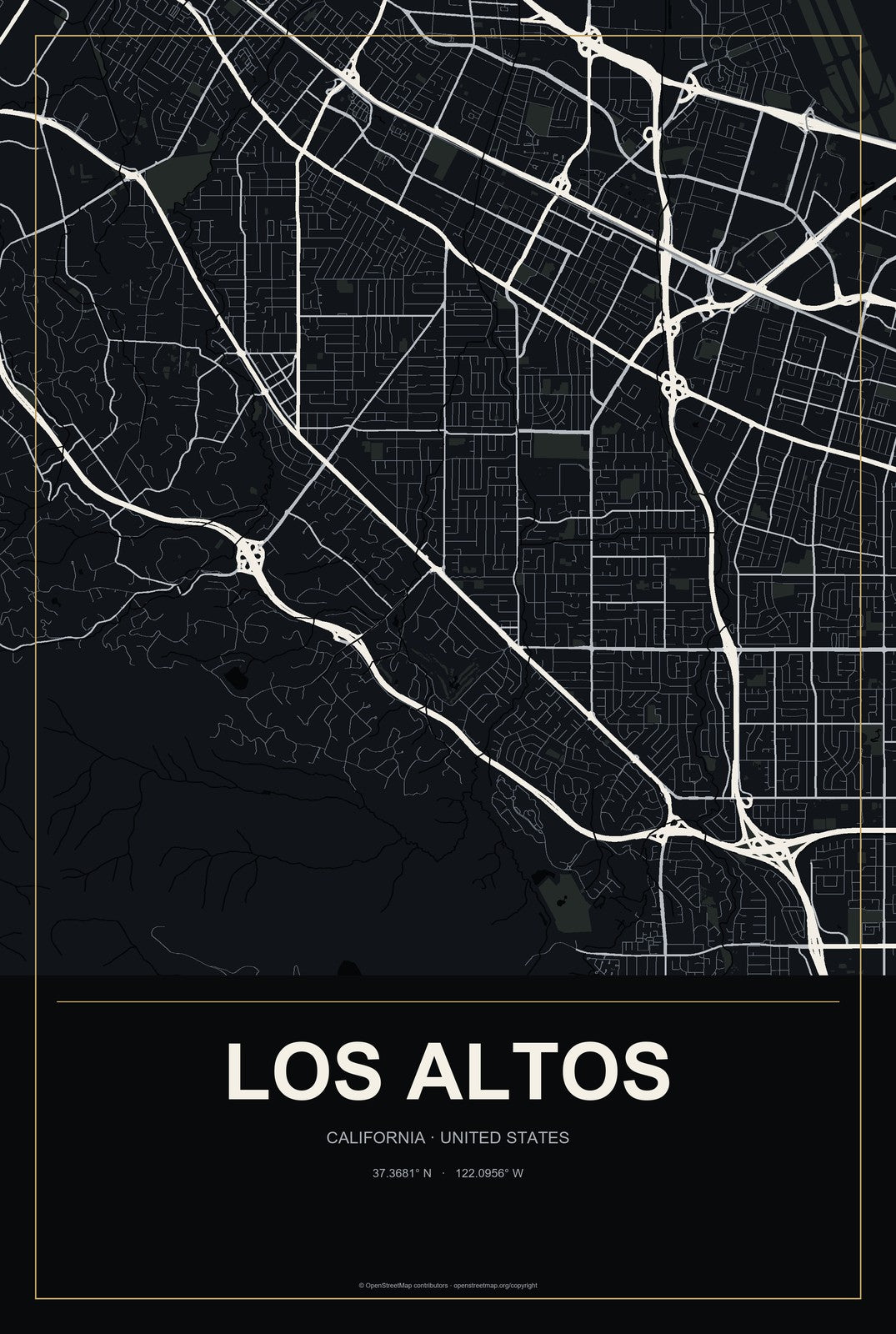 Los Altos, California City Map Aluminum Sign in Metropolitan Noir style
