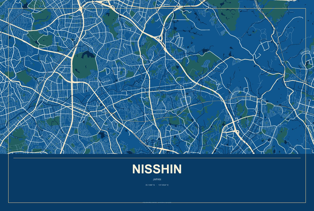 Nisshin, Japan City Map Aluminum Sign in Harbor Cobalt style