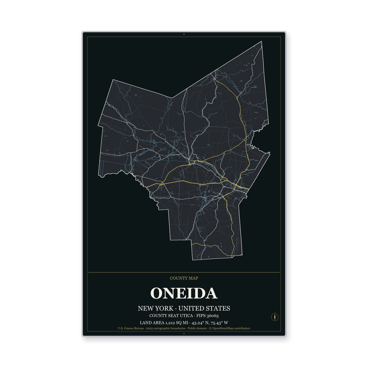 Oneida County, New York Map Aluminum Sign in Metropolitan Noir style