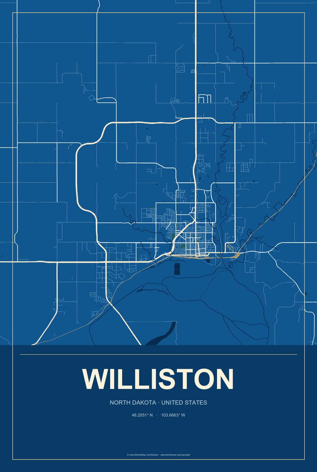 Williston, North Dakota City Map Aluminum Sign in Harbor Cobalt style