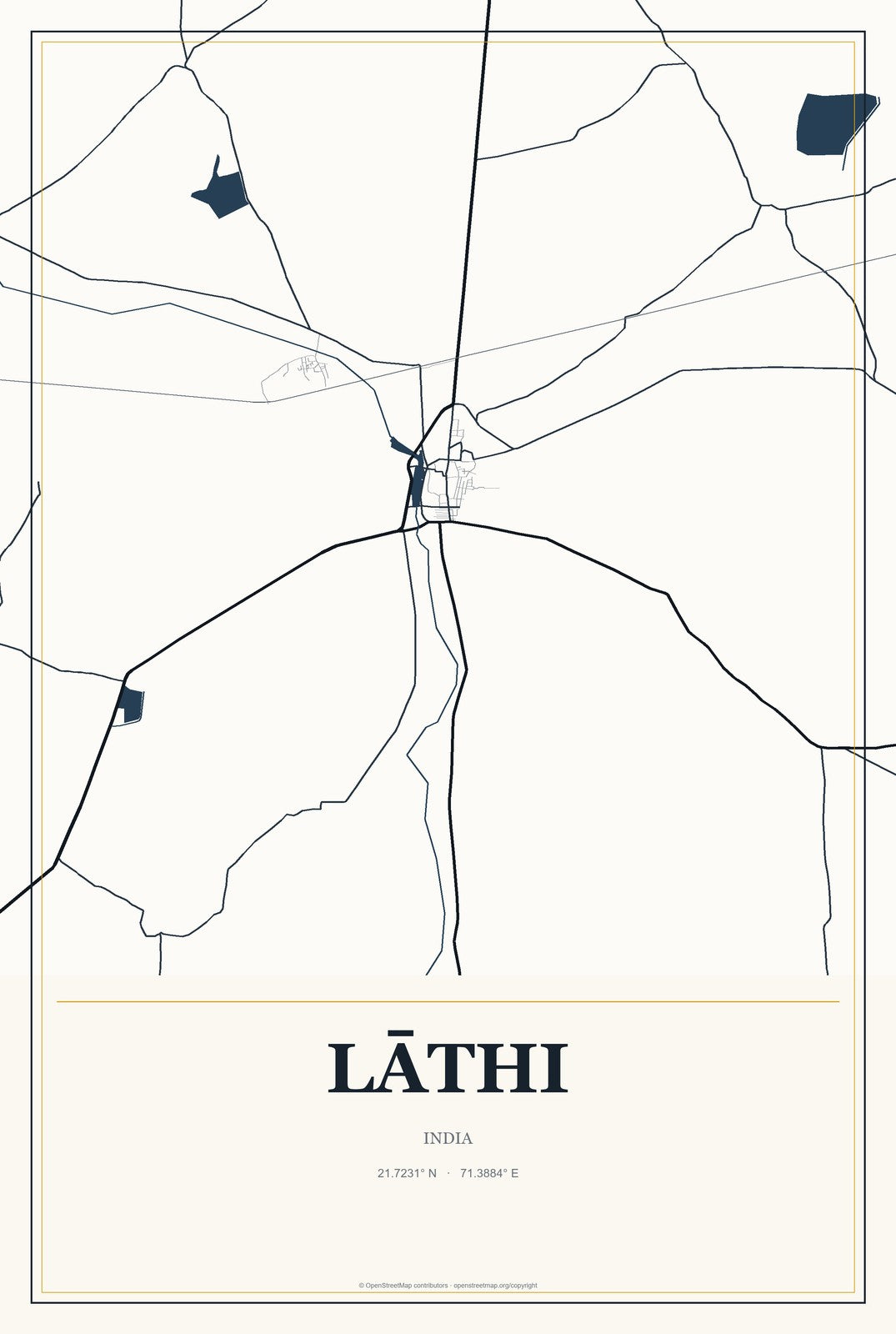 Lāthi, India City Map Aluminum Sign in Citrine Modern style