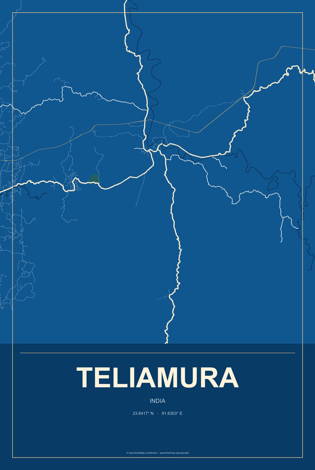 Teliamura, India City Map Aluminum Sign in Harbor Cobalt style