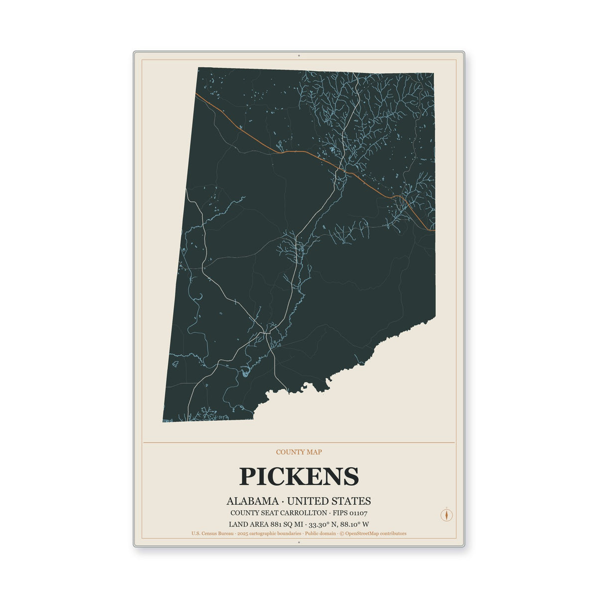 Pickens County, Alabama Map Aluminum Sign in Headline Atlas style
