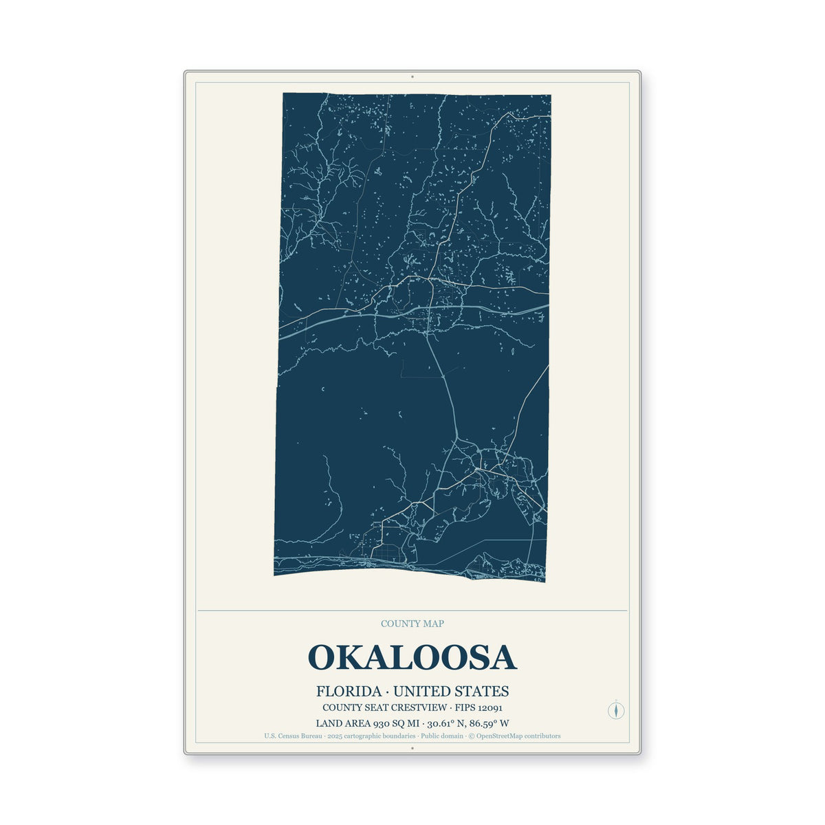 Okaloosa County, Florida Map Aluminum Sign in Coastal Cutout style