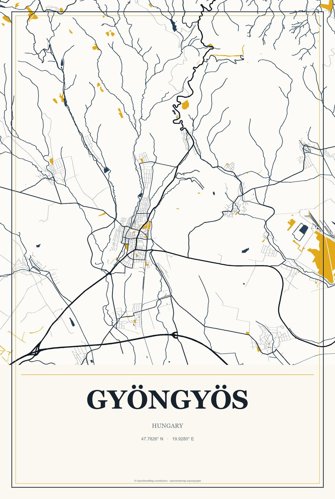Gyöngyös, Hungary City Map Aluminum Sign in Citrine Modern style