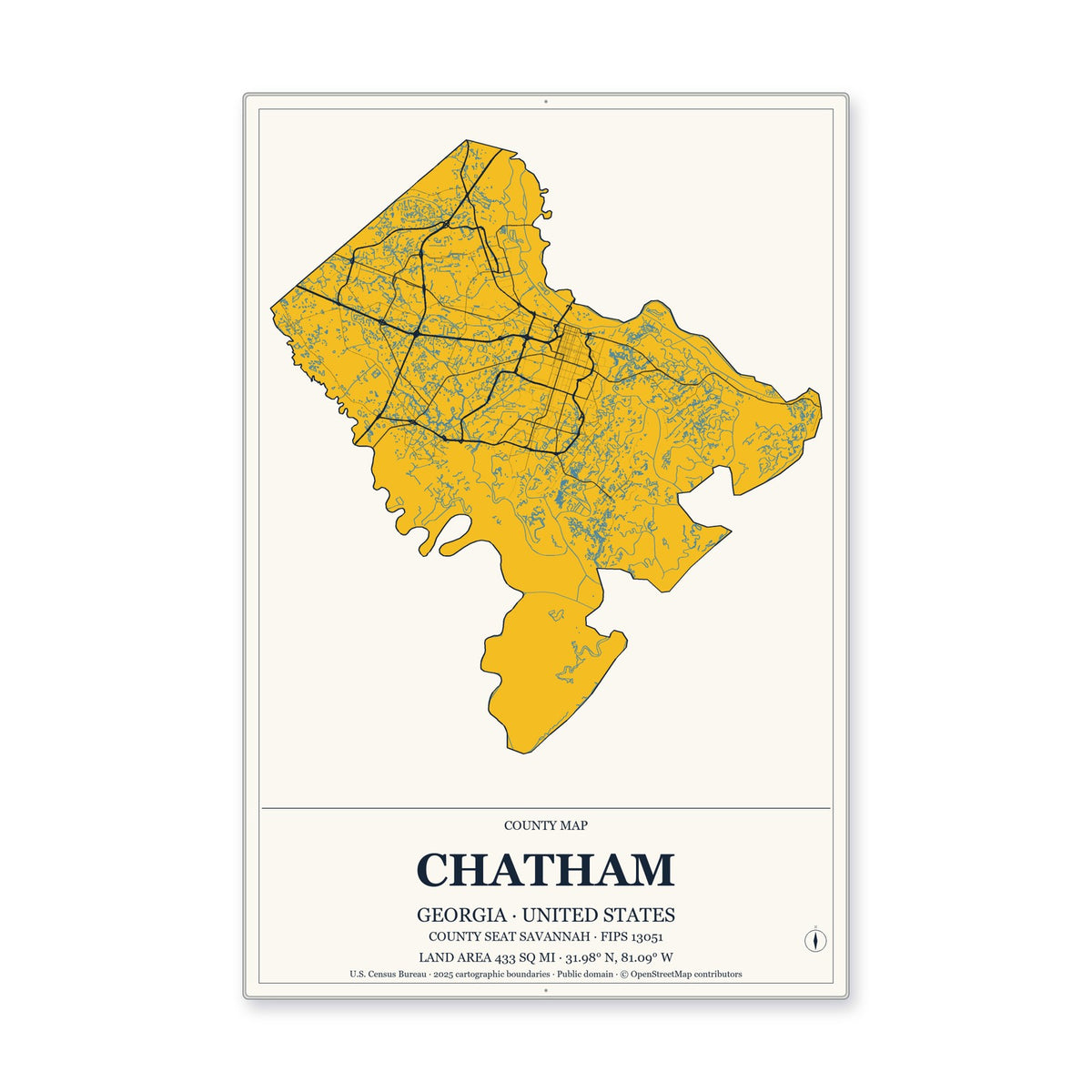 Chatham County, Georgia Map Aluminum Sign in Citrine Modern style
