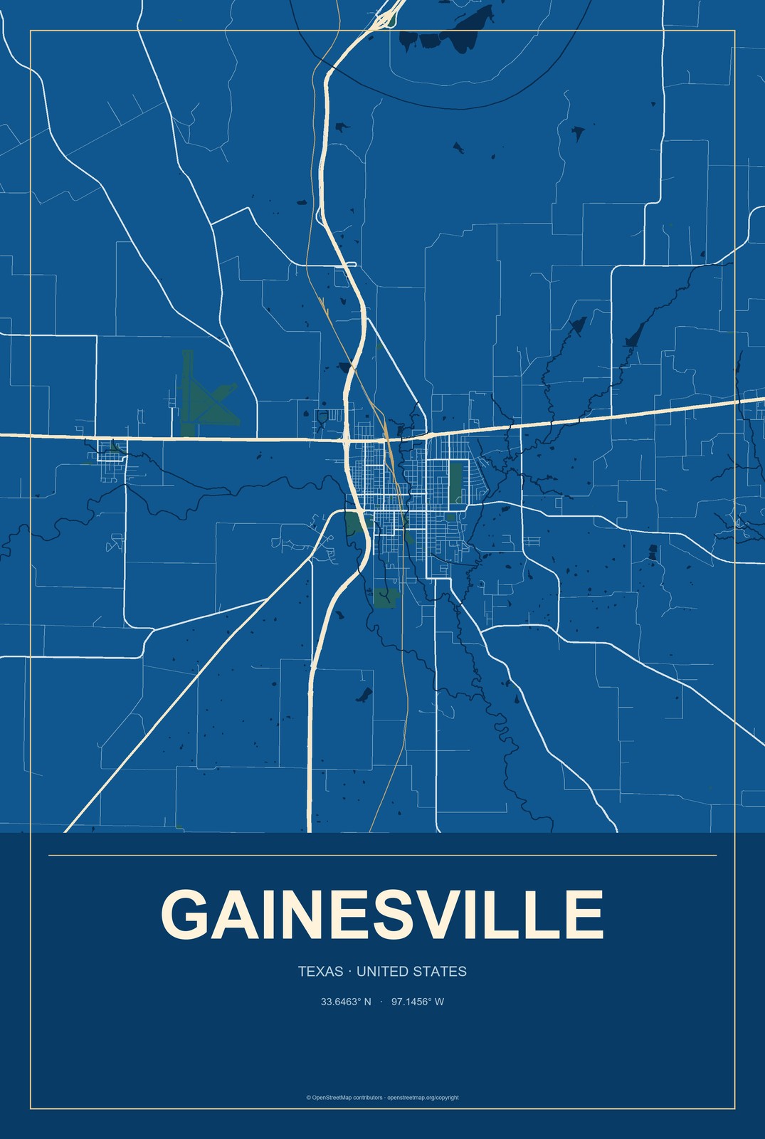 Gainesville, Texas City Map Aluminum Sign in Harbor Cobalt style