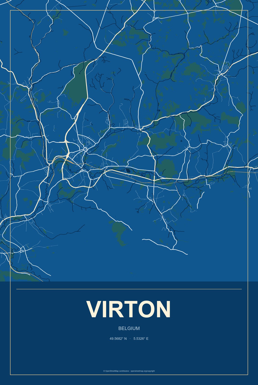 Virton, Belgium City Map Aluminum Sign in Harbor Cobalt style