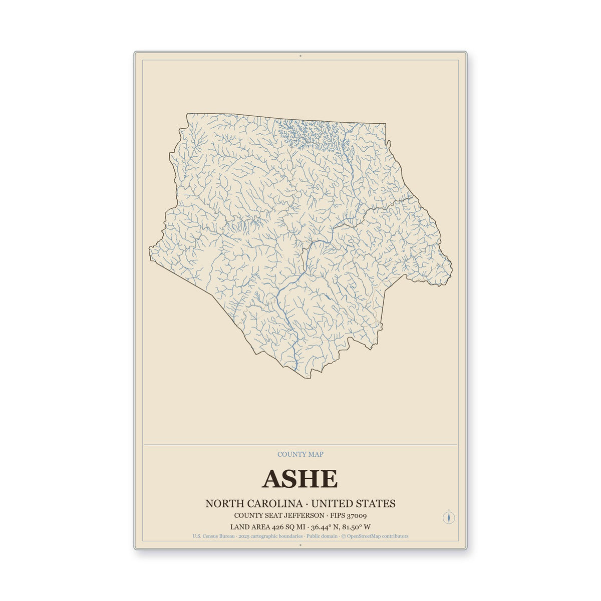 Ashe County, North Carolina Map Aluminum Sign in Heritage Nautical style
