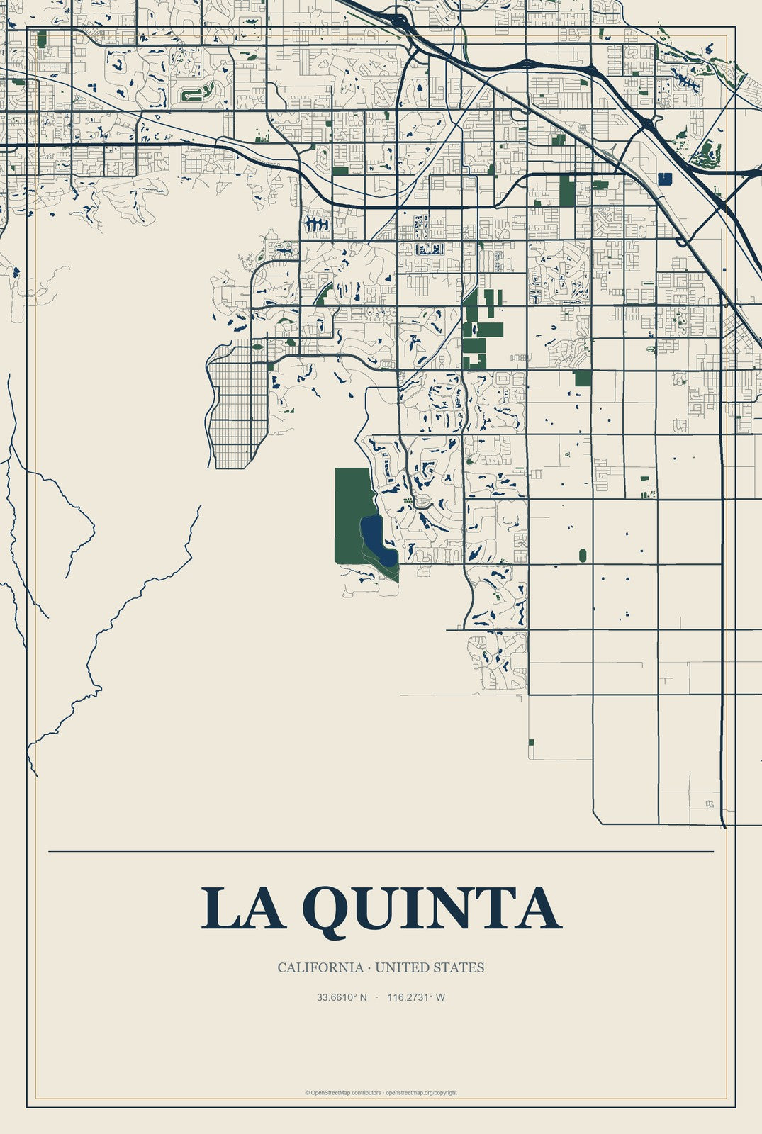 La Quinta, California City Map Aluminum Sign in Coastal Cutout style