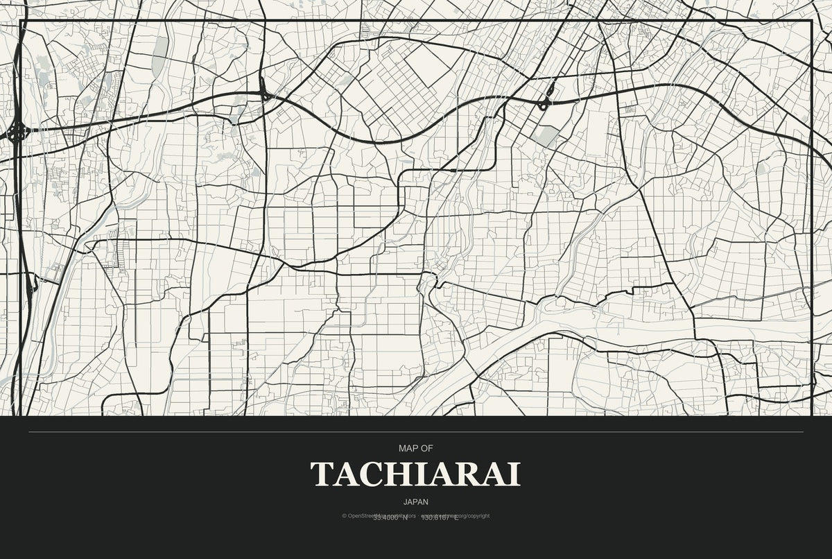 Tachiarai, Japan City Map Aluminum Sign in Museum Plaque style