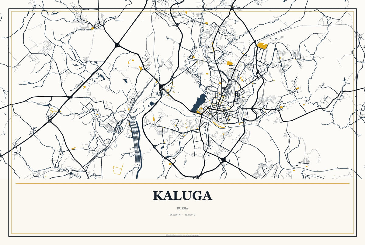 Kaluga, Russia City Map Aluminum Sign in Citrine Modern style