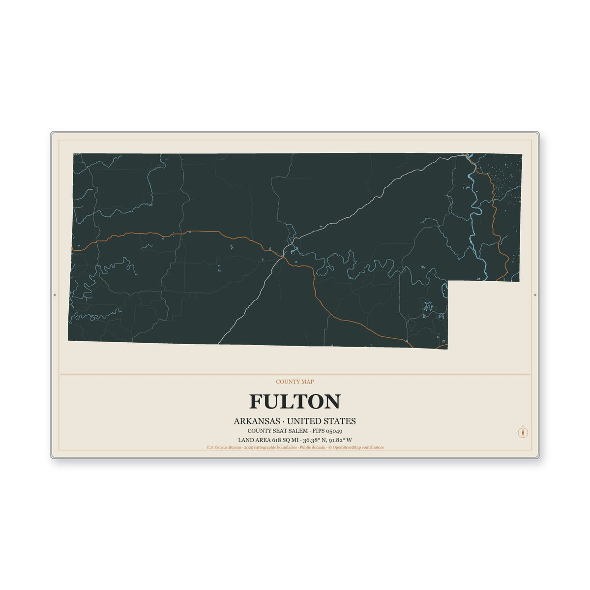 Fulton County, Arkansas Map Aluminum Sign in Headline Atlas style
