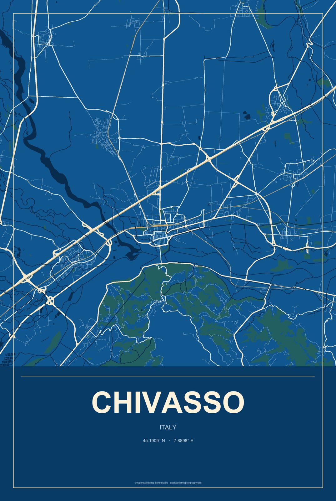 Chivasso, Italy City Map Aluminum Sign in Harbor Cobalt style