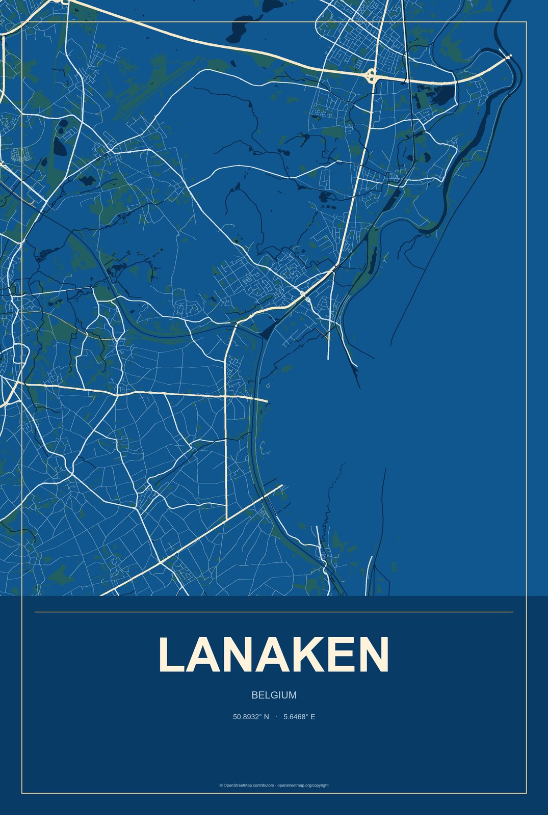Lanaken, Belgium City Map Aluminum Sign in Harbor Cobalt style