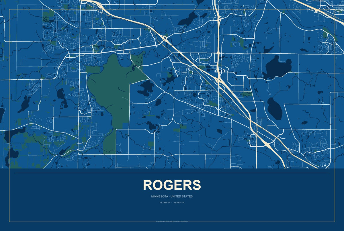 Rogers, Minnesota City Map Aluminum Sign in Harbor Cobalt style