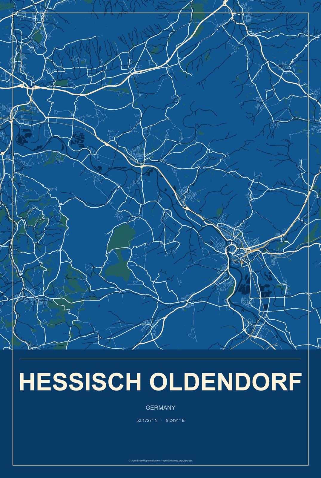 Hessisch Oldendorf, Germany City Map Aluminum Sign in Harbor Cobalt style