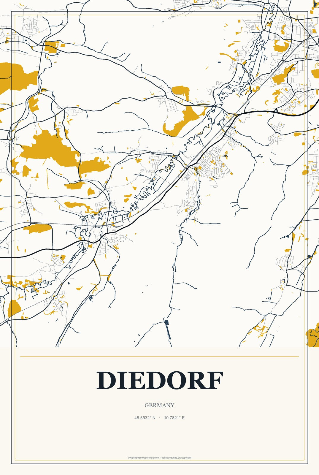 Diedorf, Germany City Map Aluminum Sign in Citrine Modern style