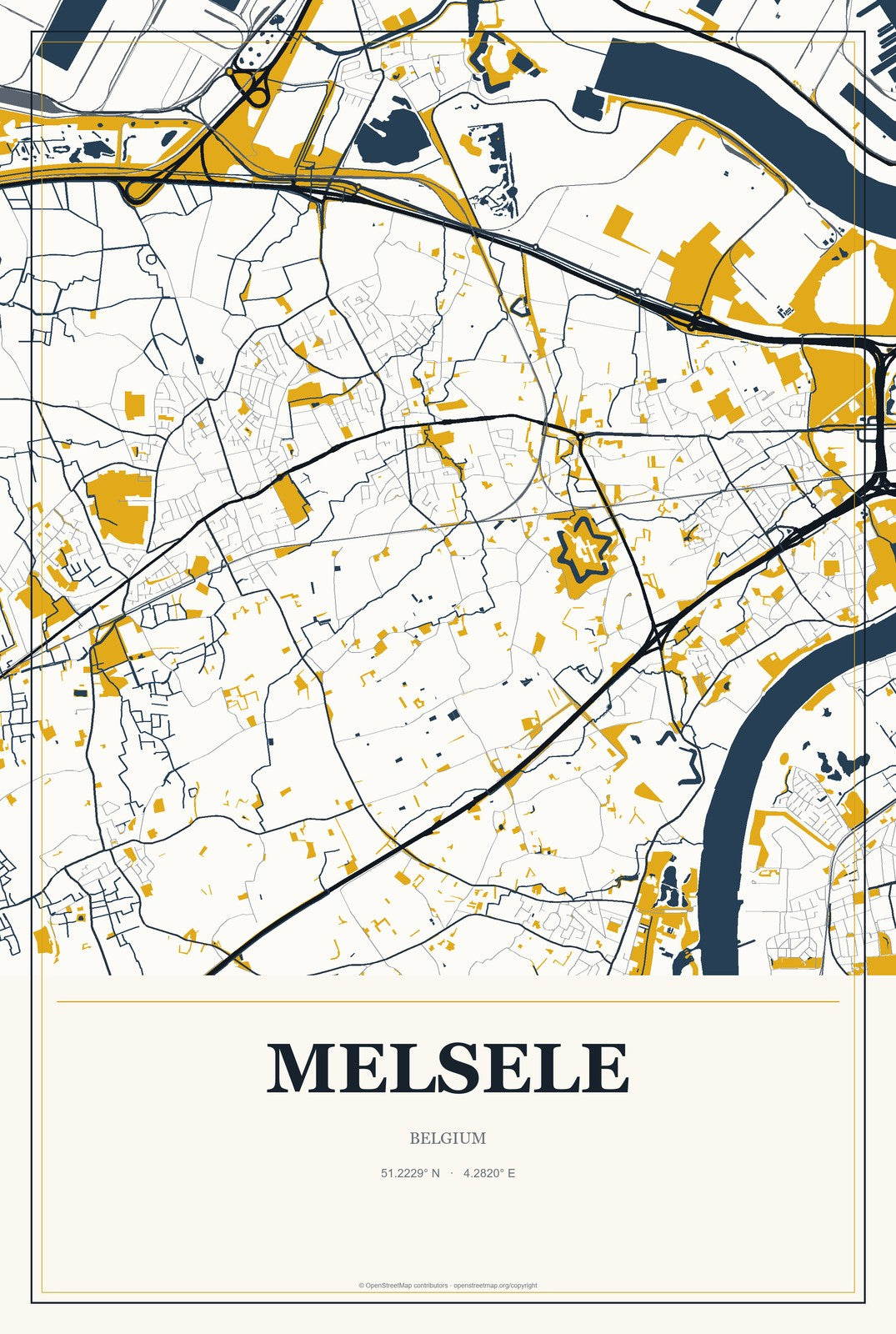 Melsele, Belgium City Map Aluminum Sign in Citrine Modern style