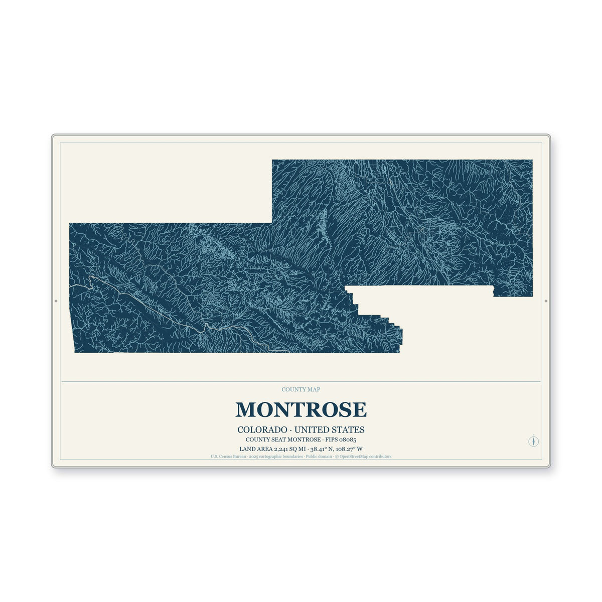 Montrose County, Colorado Map Aluminum Sign in Coastal Cutout style