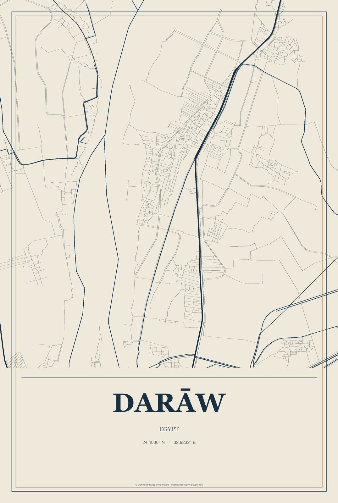 Darāw, Egypt City Map Aluminum Sign in Coastal Cutout style