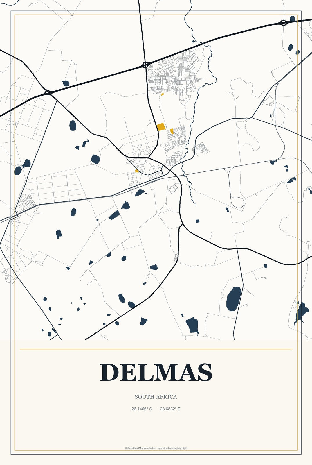 Delmas, South Africa City Map Aluminum Sign in Citrine Modern style