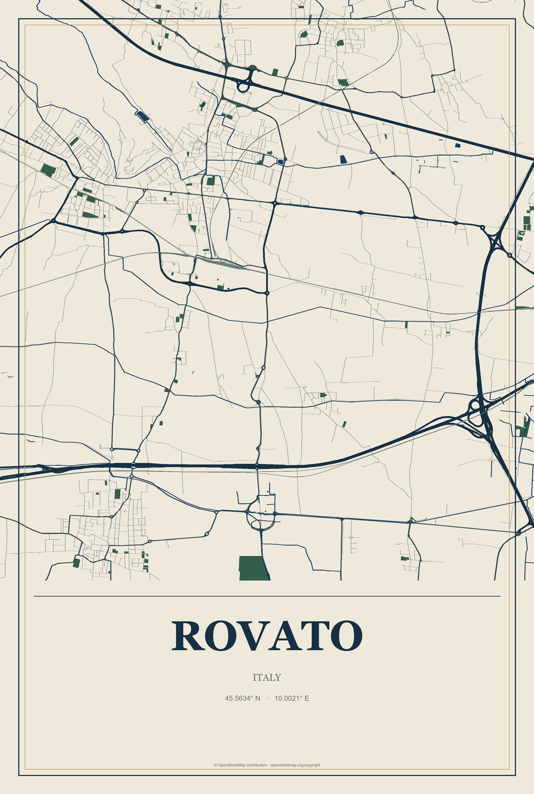 Rovato, Italy City Map Aluminum Sign in Coastal Cutout style