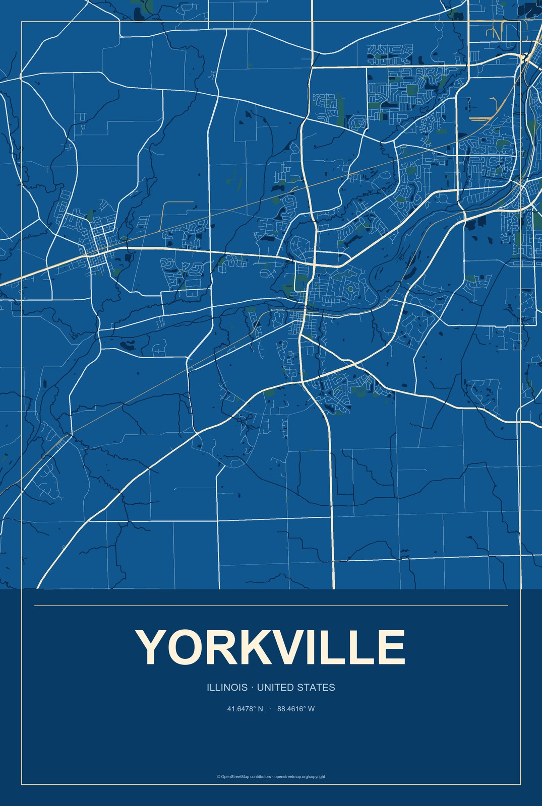 Yorkville, Illinois City Map Aluminum Sign in Harbor Cobalt style