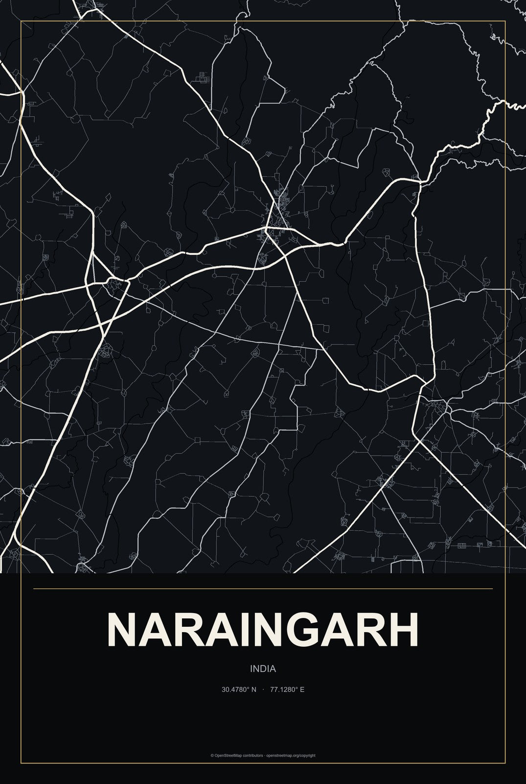 Naraingarh, India City Map Aluminum Sign in Metropolitan Noir style