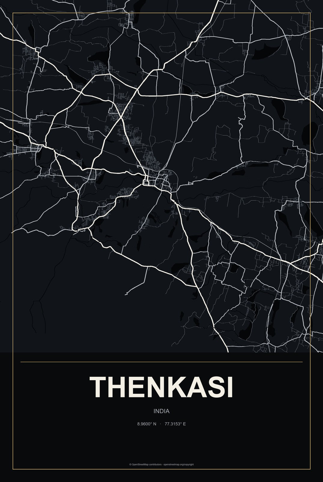 Thenkasi, India City Map Aluminum Sign in Metropolitan Noir style