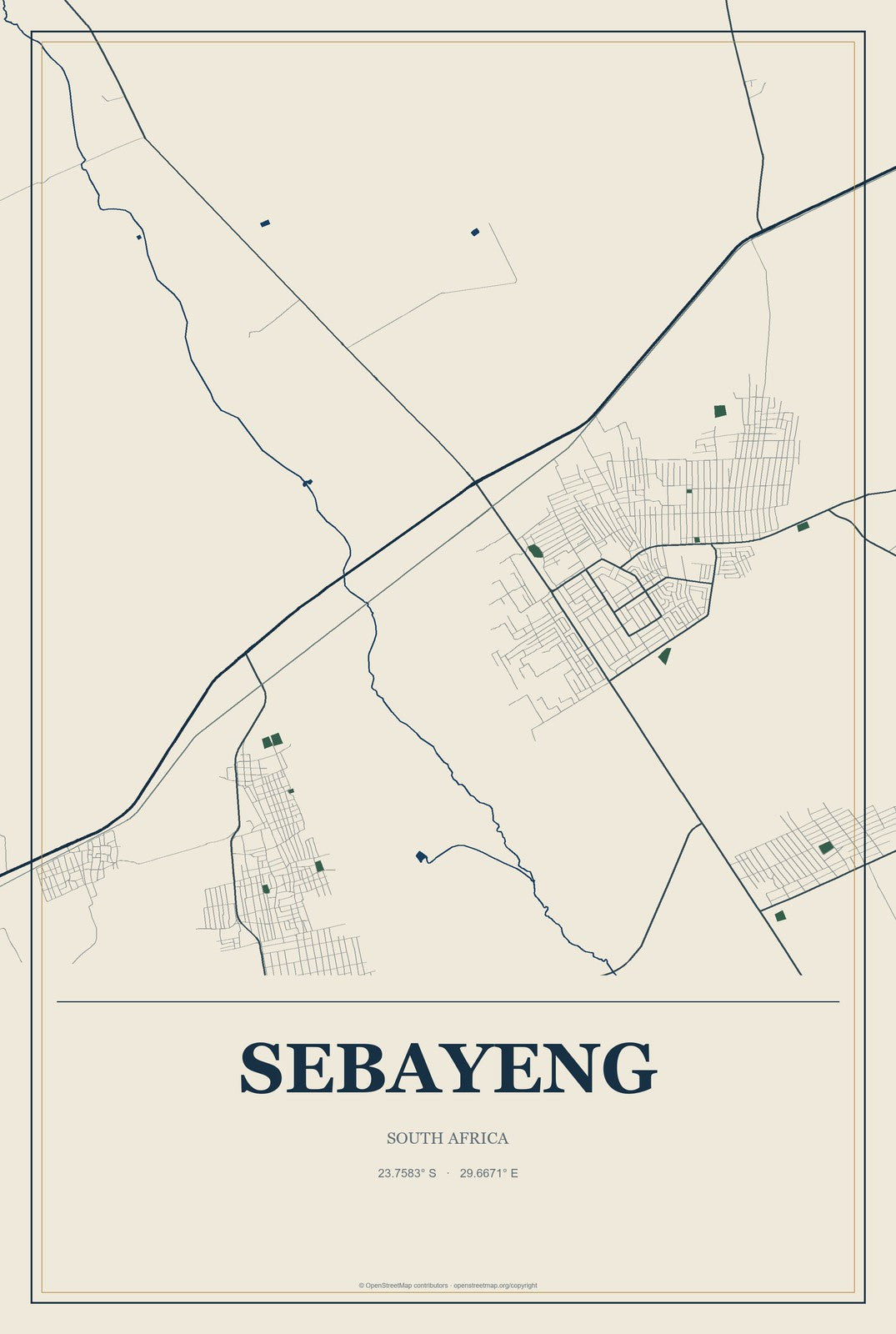 Sebayeng, South Africa City Map Aluminum Sign in Coastal Cutout style