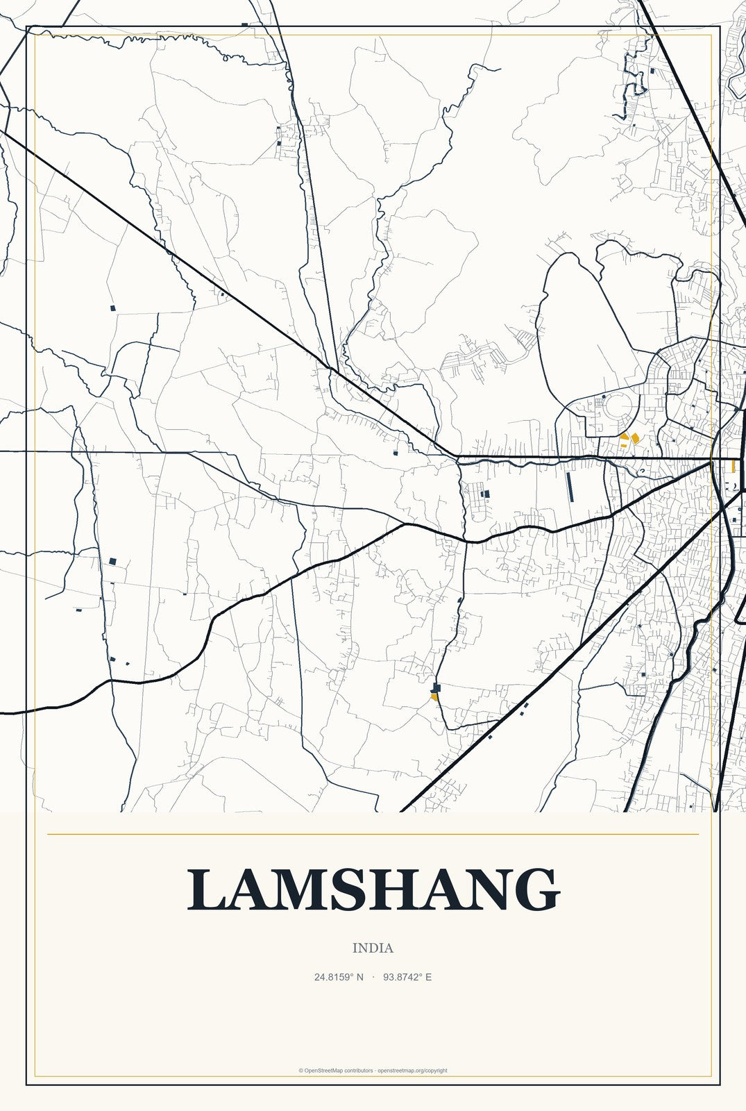 Lamshang, India City Map Aluminum Sign in Citrine Modern style