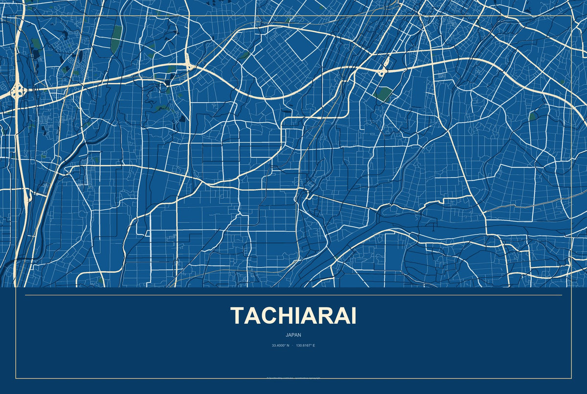 Tachiarai, Japan City Map Aluminum Sign in Harbor Cobalt style