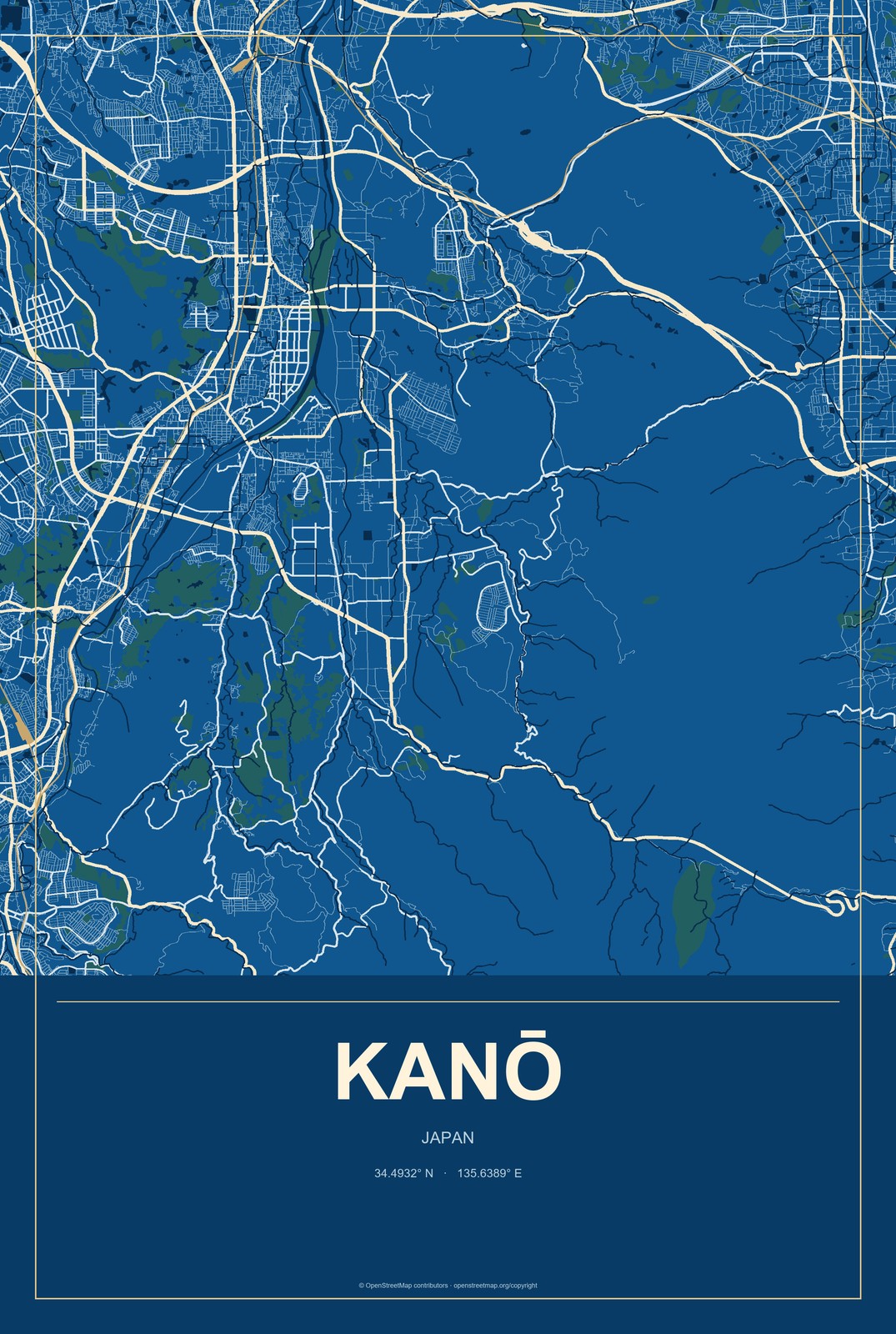 Kanō, Japan City Map Aluminum Sign in Harbor Cobalt style