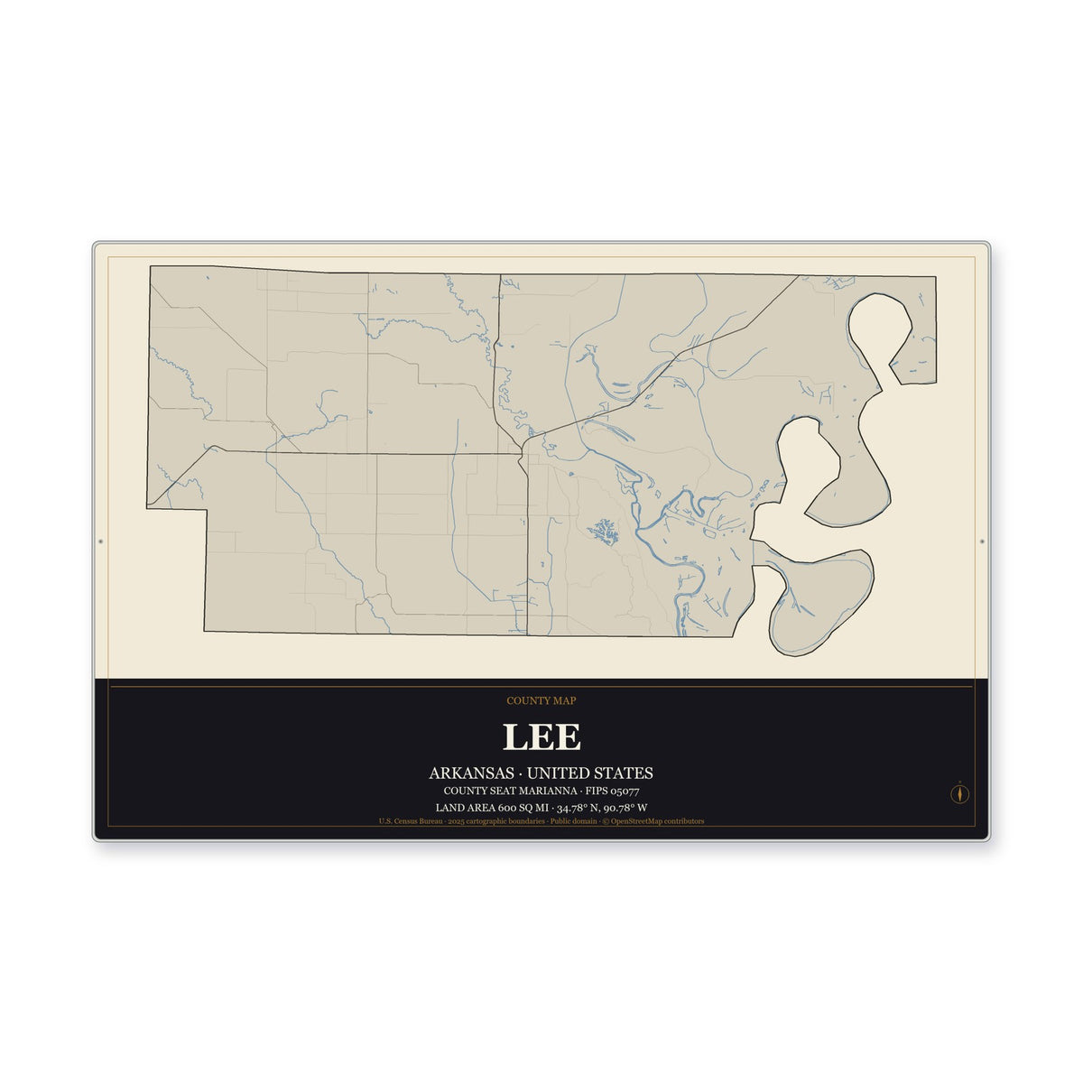 Lee County, Arkansas Map Aluminum Sign in Museum Plaque style