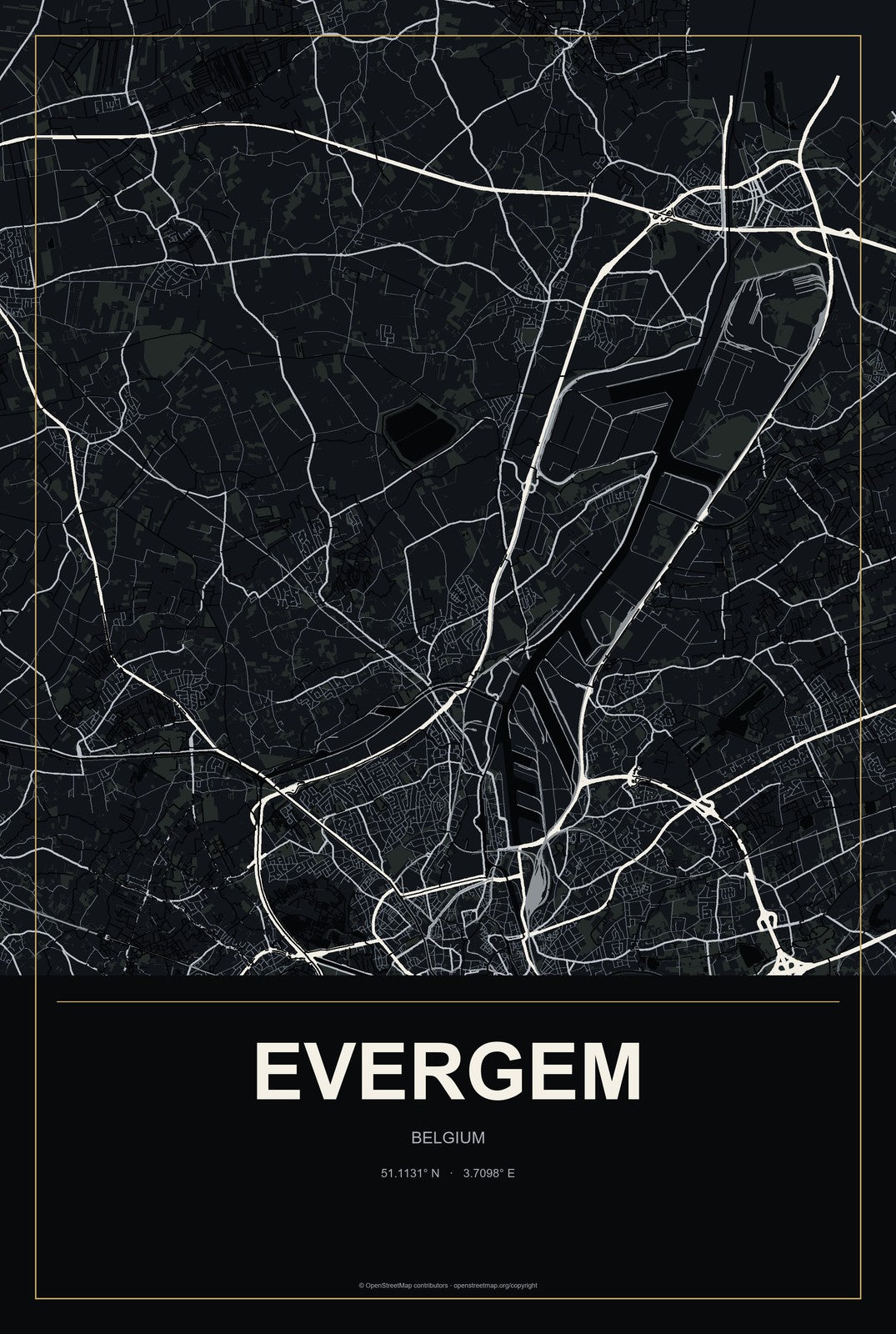 Evergem, Belgium City Map Aluminum Sign in Metropolitan Noir style