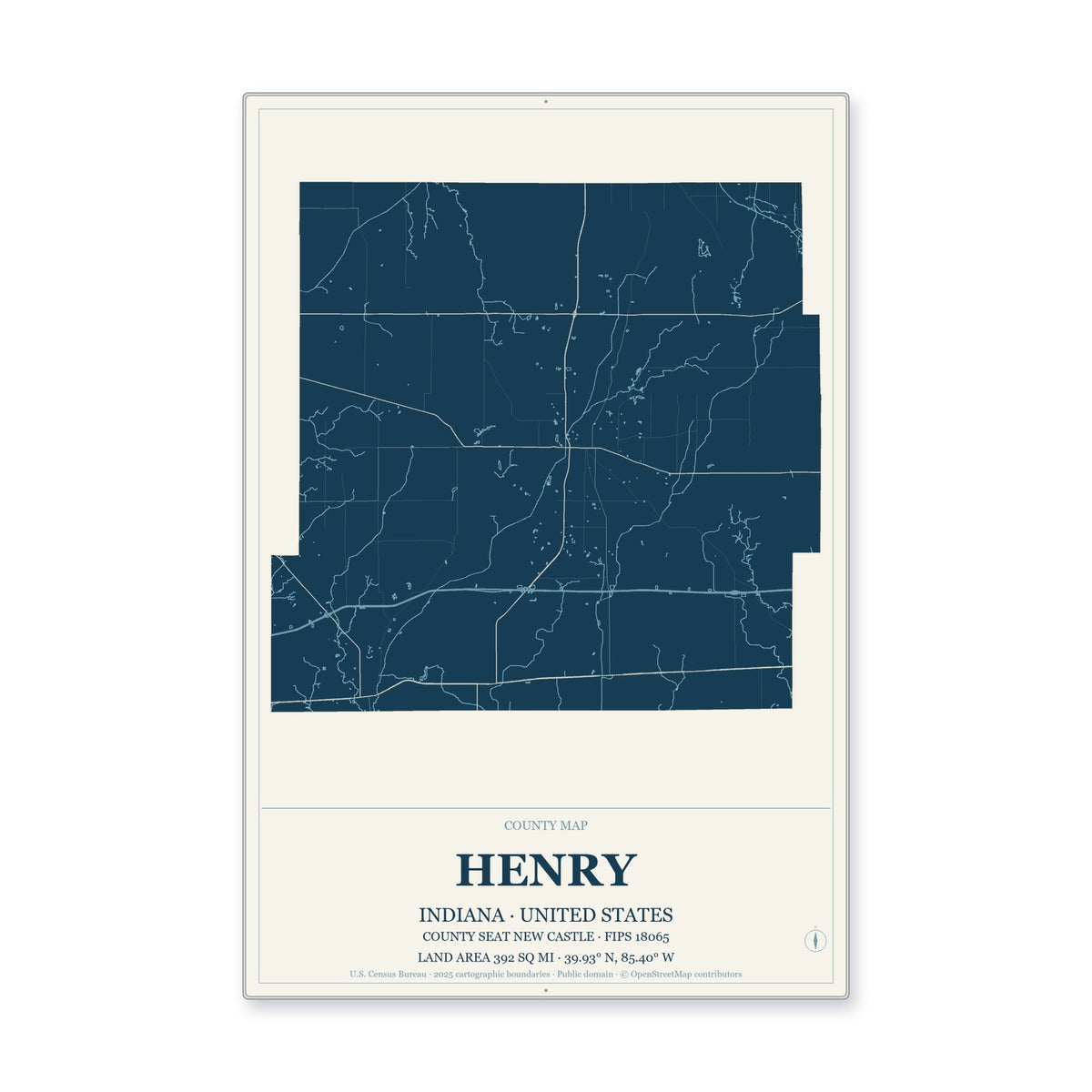Henry County, Indiana Map Aluminum Sign in Coastal Cutout style