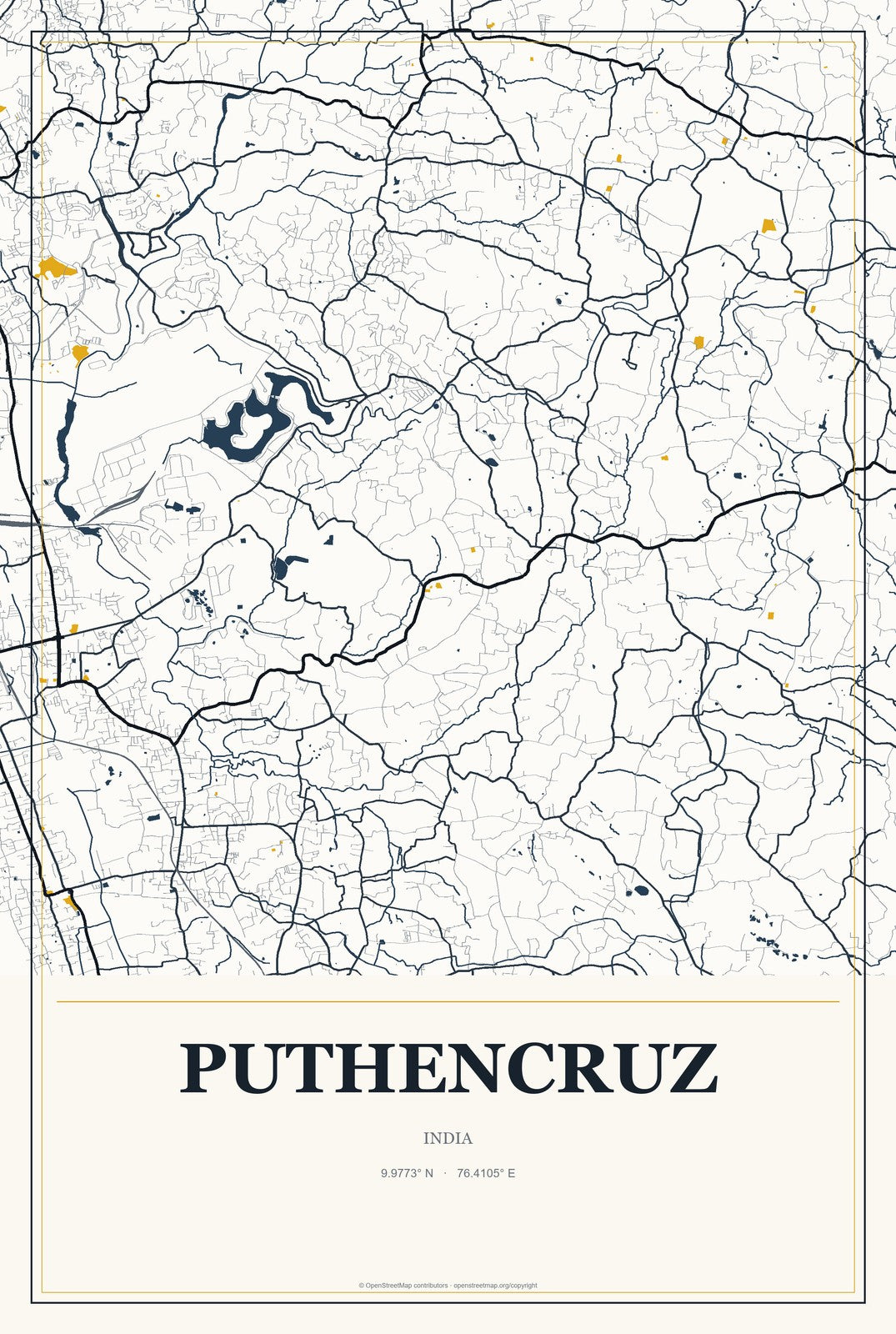 Puthencruz, India City Map Aluminum Sign in Citrine Modern style