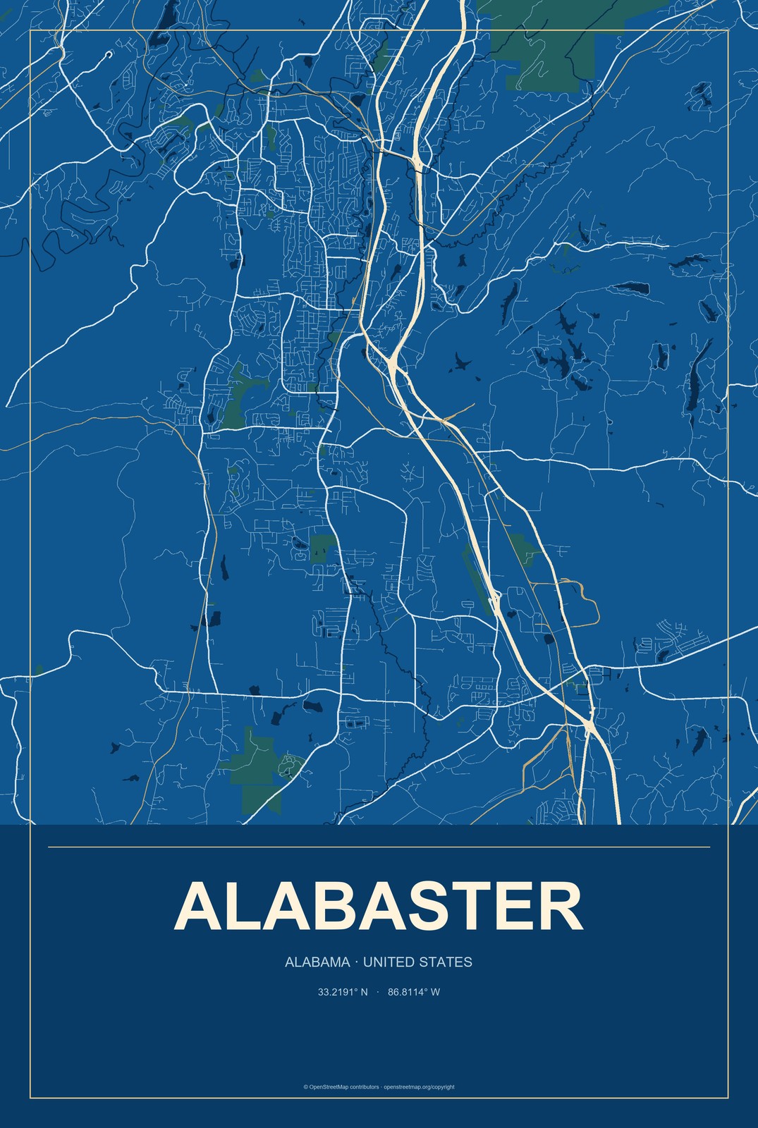 Alabaster, Alabama City Map Aluminum Sign in Harbor Cobalt style