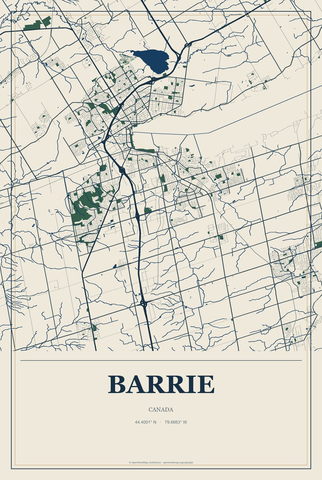 Barrie, Canada City Map Aluminum Sign in Coastal Cutout style