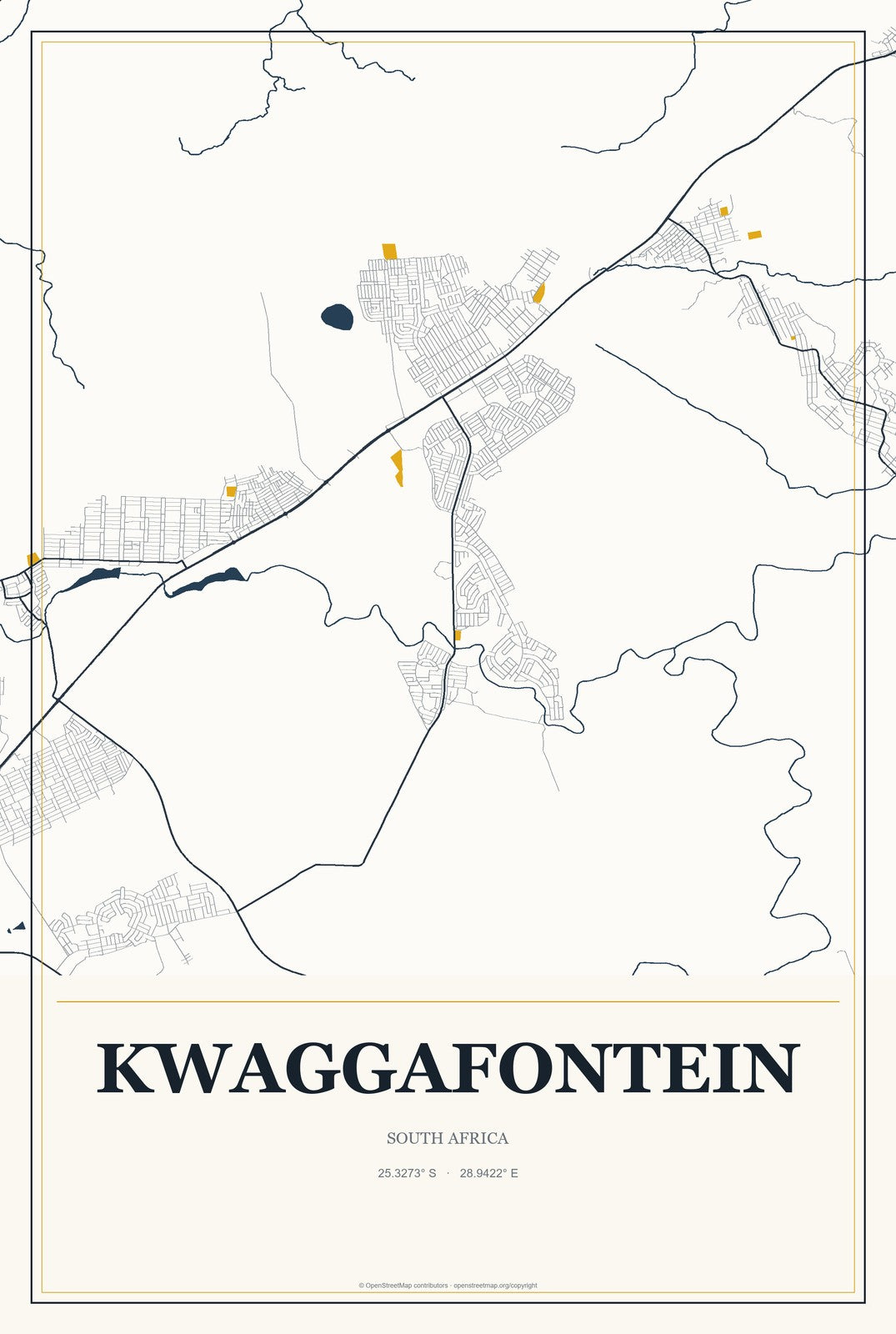 Kwaggafontein, South Africa City Map Aluminum Sign in Citrine Modern style