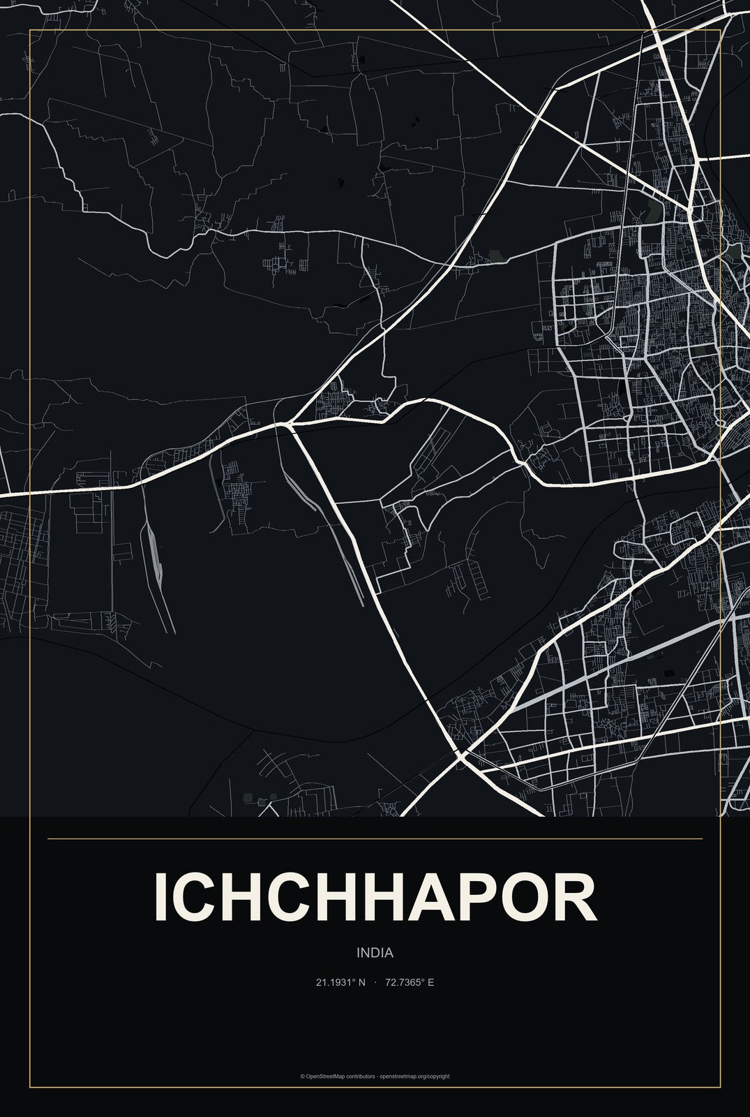 Ichchhapor, India City Map Aluminum Sign in Metropolitan Noir style