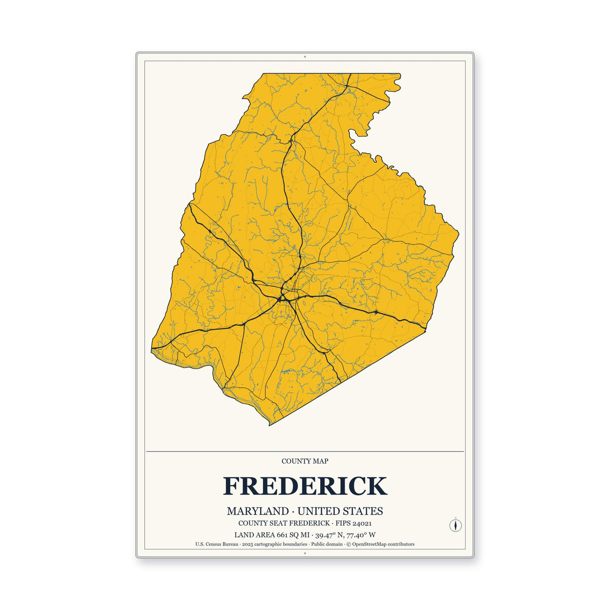 Frederick County, Maryland Map Aluminum Sign in Citrine Modern style