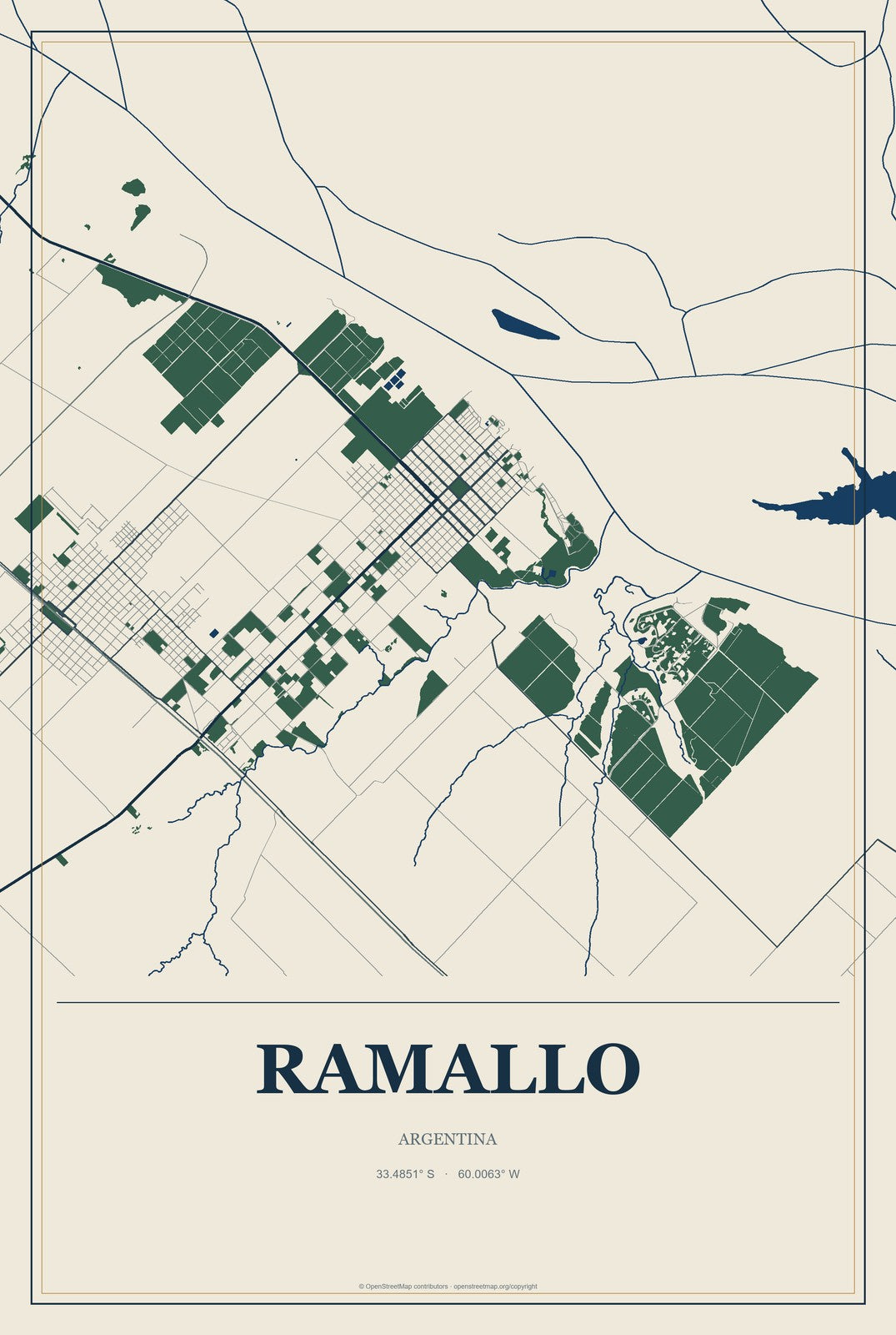 Ramallo, Argentina City Map Aluminum Sign in Coastal Cutout style